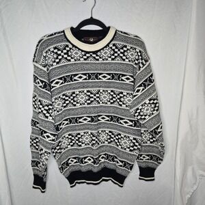 Vintage Robert Bruce Sweater Men's Medium Black Cream Geometric Pullover TV Dad